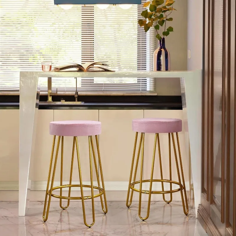 Round Kitchen Counter Stool Home Bar Height Stools with Golden Hairpin Legs Upholstered Velvet Seat for Dining Room, Set of 2