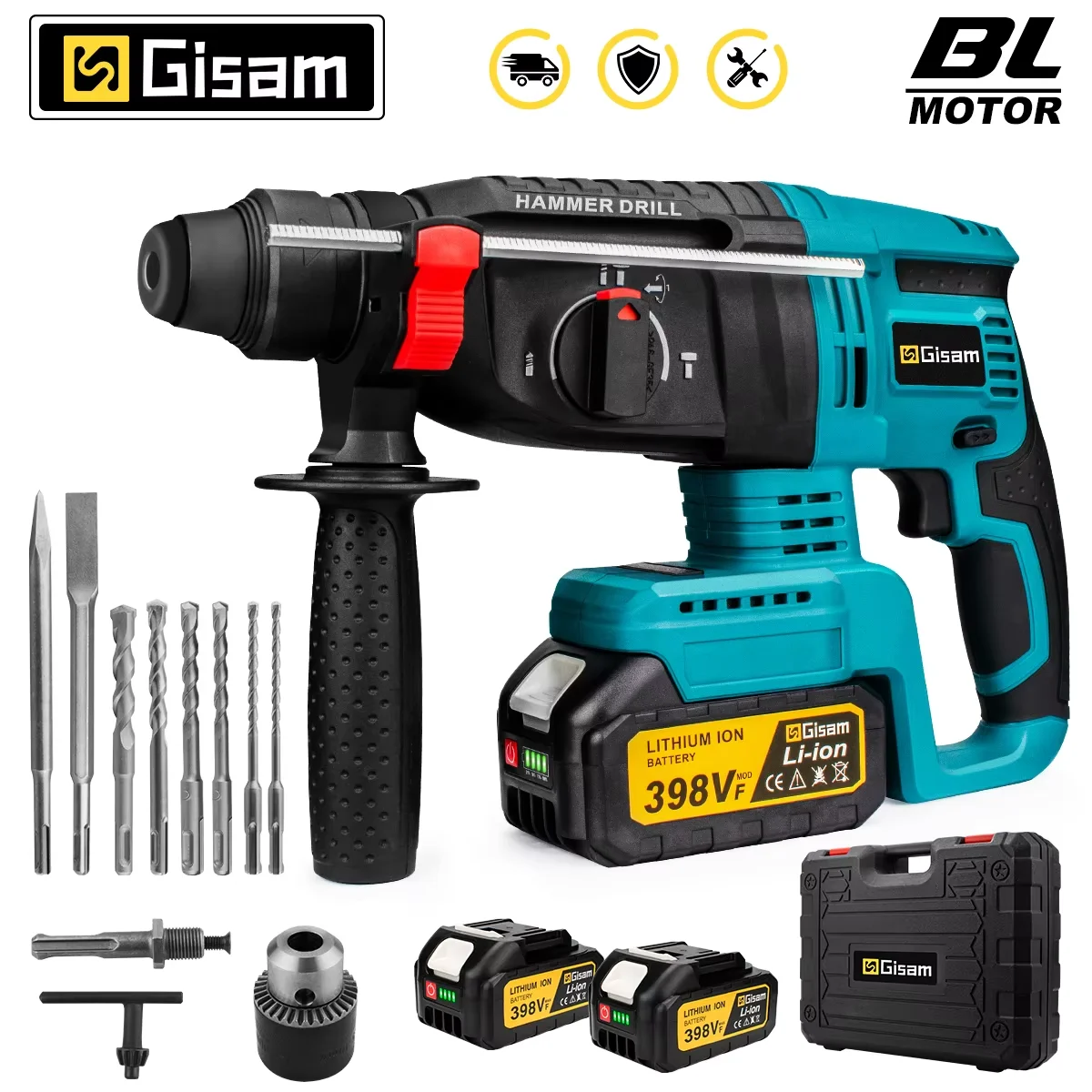 GISAM Martelete Perfurador Elétrico Brushless 26mm, martelo rotativo multifuncional sem fio, ferramenta de impacto compatível com pino de bateria Makita 18V