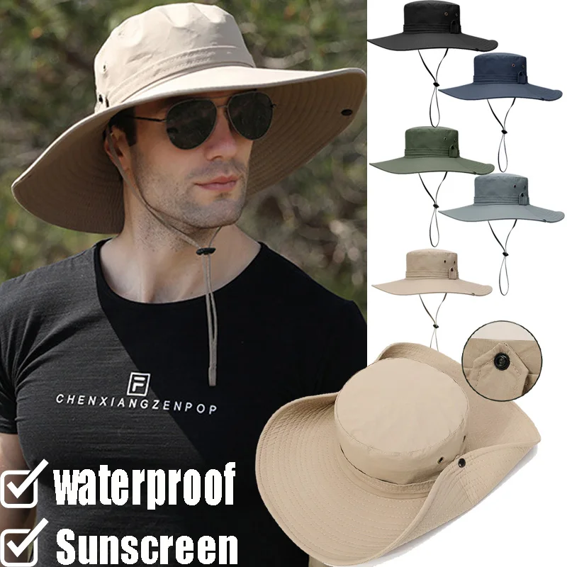 Drawstring Sun Hats Dual Purpose Summer Sunscreen Wide Brim Visor Caps Men Outdoors Fishing Travel Waterproof Mountaineering Hat 2