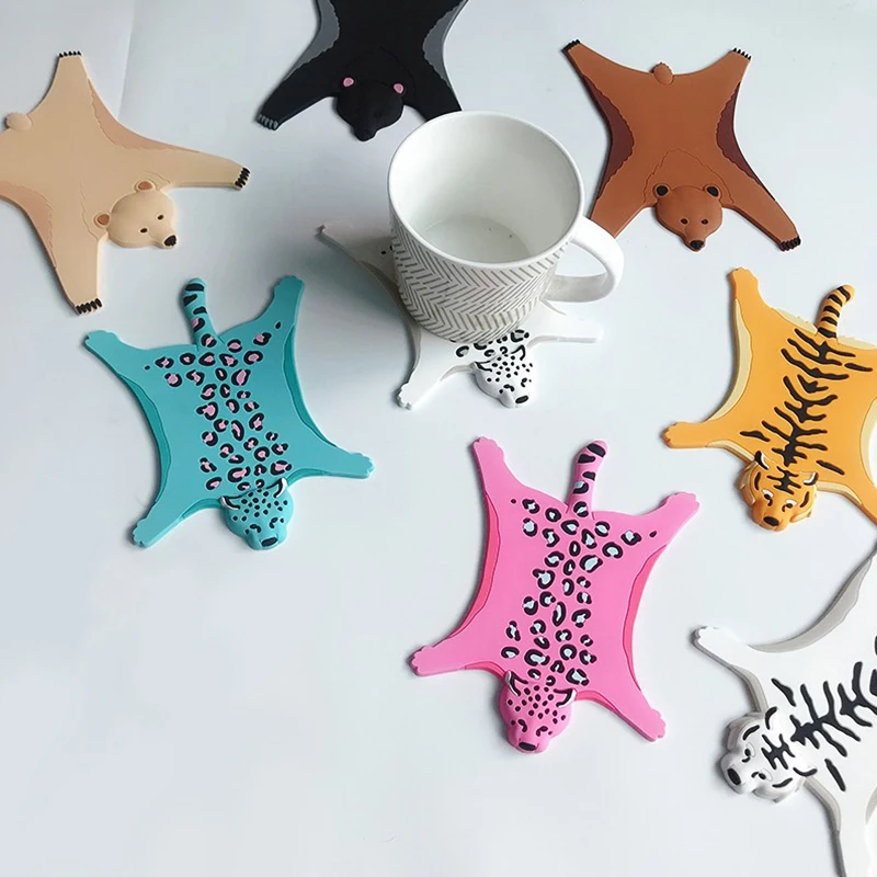 

1PC Silicone Coaster Insulated Water Non-slip Pad Cartoon Animal Heat-resistant Cup Mat Tiger Leopard Placemat Home Kitchen
