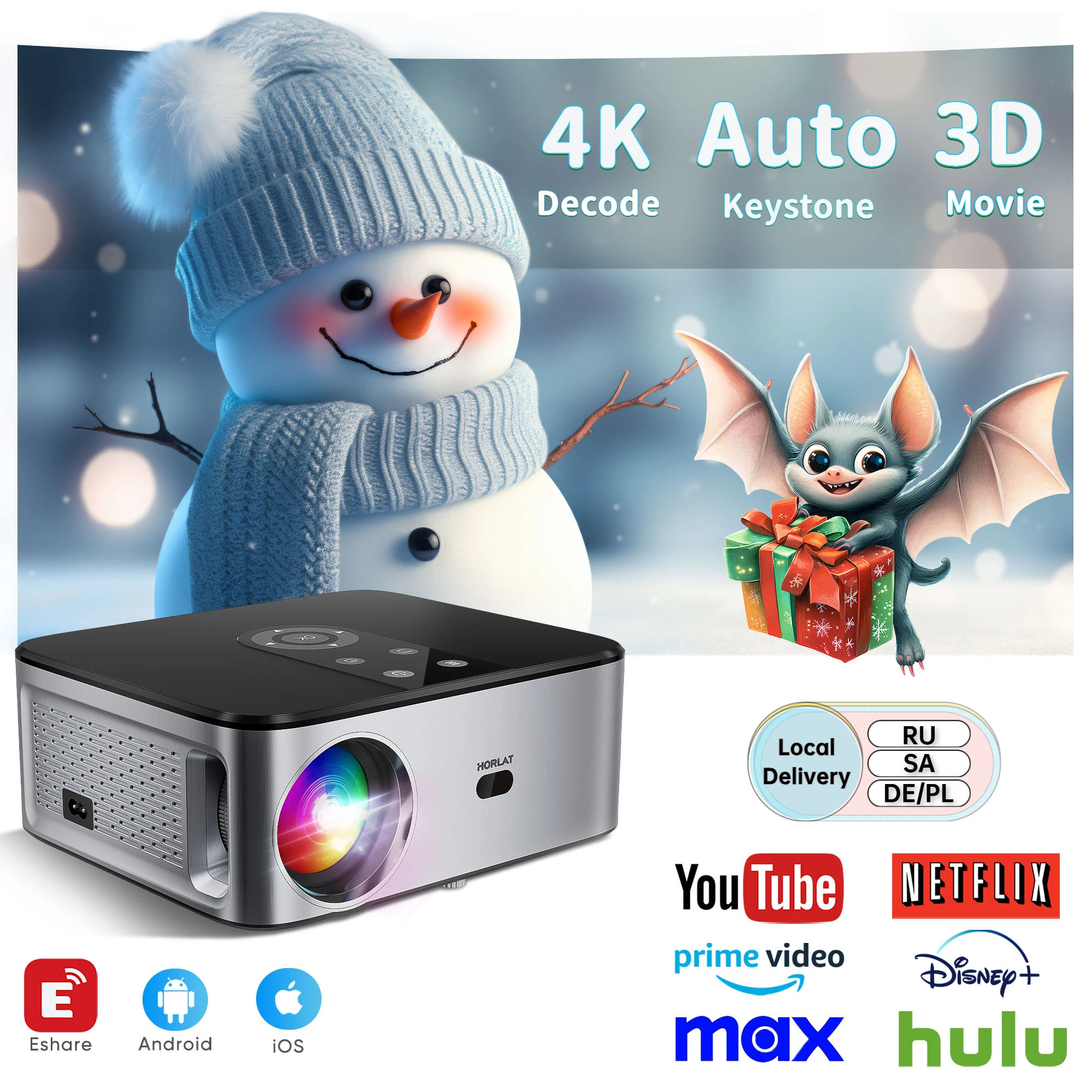 HORLAT 25000 Lumens Android 4K LED Projector 3D Cinema Full HD 1080P Video Home Theater Auto Keystone 5G WiFi Portable Proyector portable projector