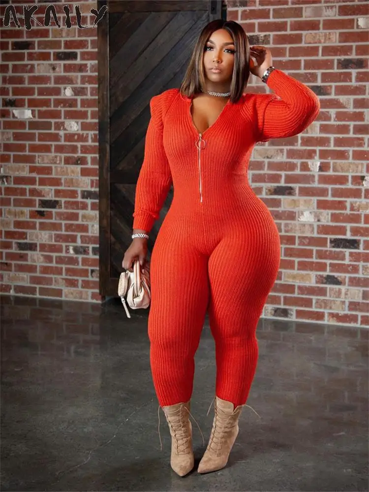 

Akaily Fall Winter Orange Knitted Jumpsuit For Women One Piece Fitness Outfits 2022 Hooded Zipper Long Sleeve Bodycon Jumpsuit