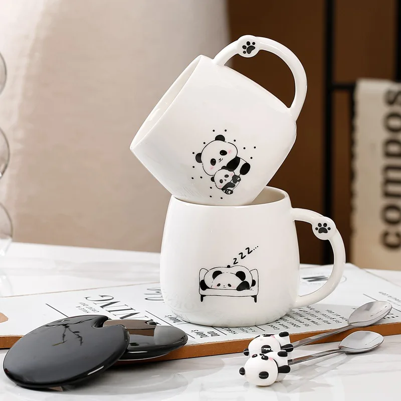 Tazza Panda divertente, tazze da caffè Panda con coperchio e cucchiaio, tazza da caffè in ceramica Panda carino, regali tazza Panda Kawaii per ragazze donna uomo bambino  15