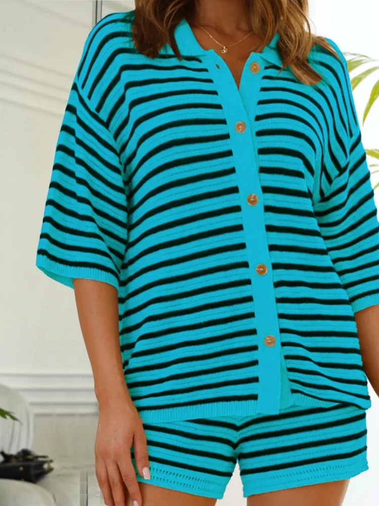 Wmstar 2025 New Women Fashionable Elegant Two Piece Sets Casual Sexy Cut Out Button Knit Short Sleeve Short Pants Sets Stripes