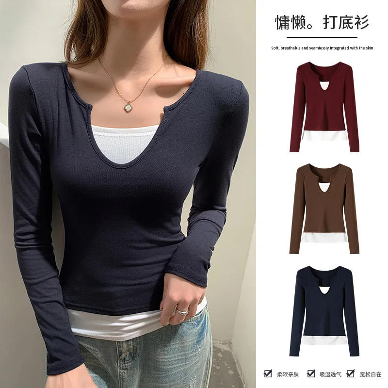 Women Long Sleeve Solid T Shirt Korean Style Slim Fit Tee