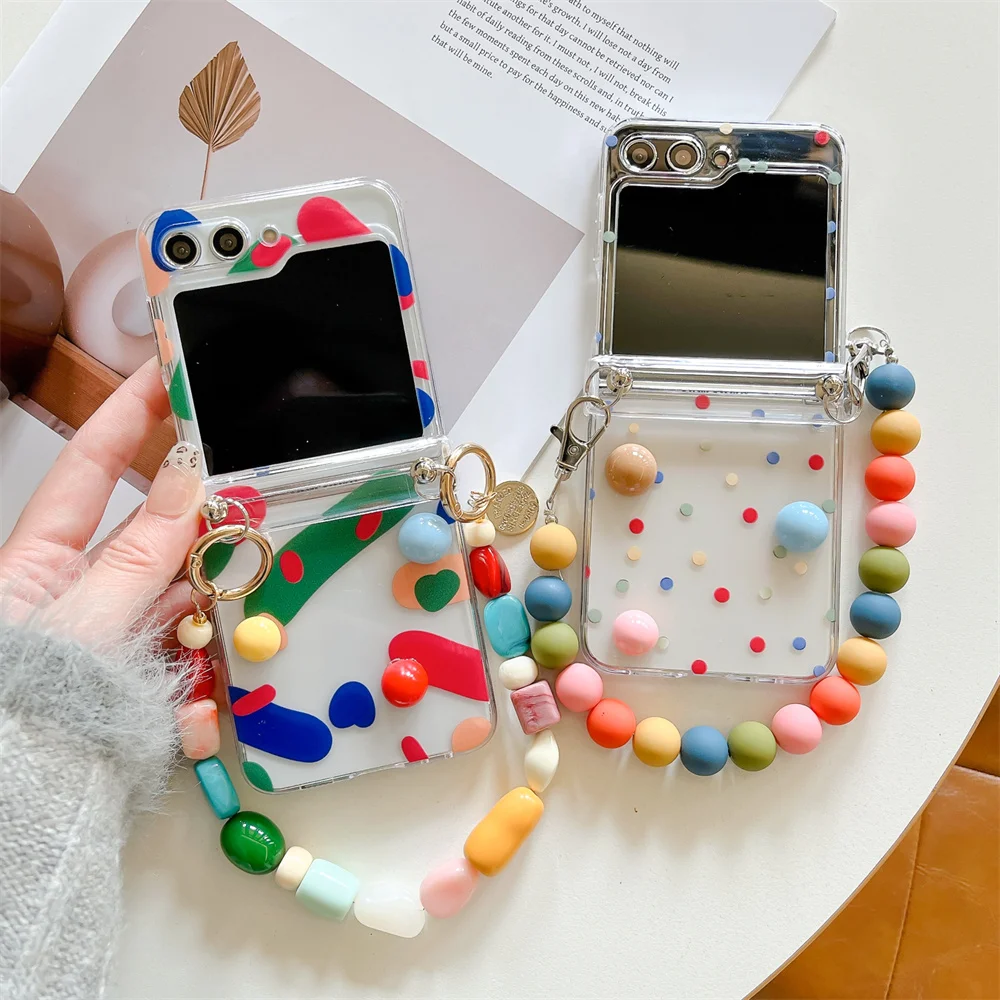 Cute Colorful Round Bead Wrist Strap Case with Transparent Hinge Protection Cover