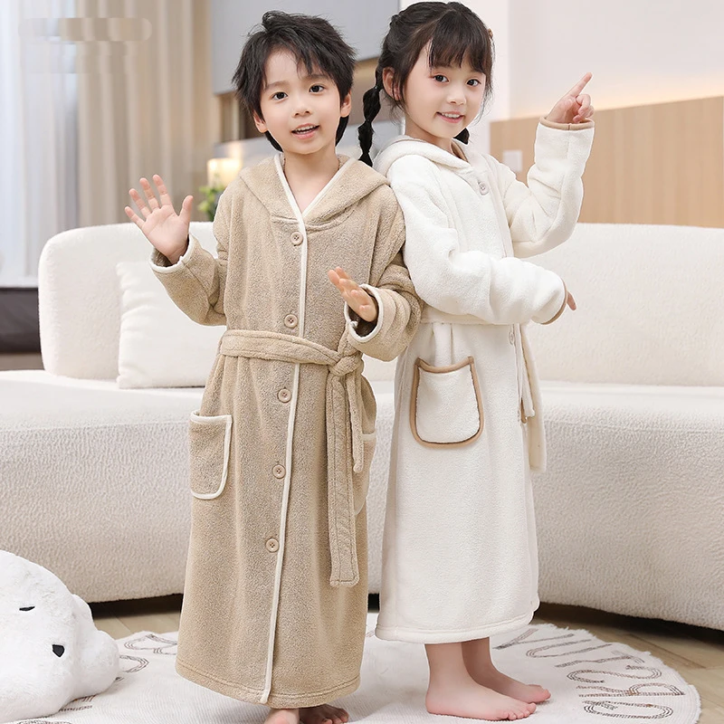 Winter Kids Boys Cartoon Cute Bathrobe Strong Water Absorption Sleepwear Increase and Thicken Hooded Homewear Coral Fleece Robes