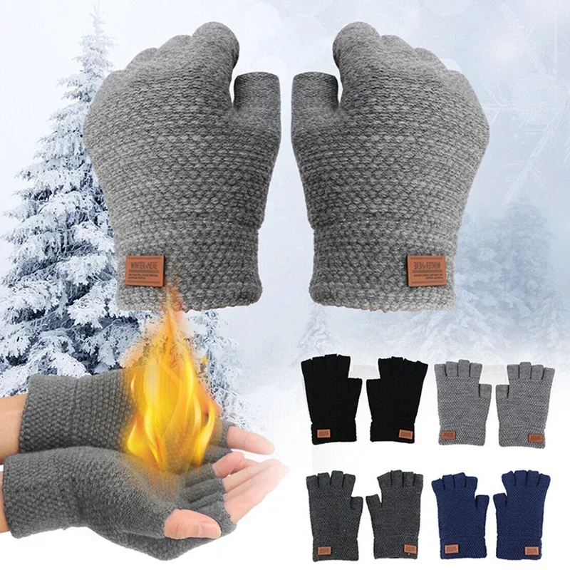 Winter Fingerless Gloves for Men Half Finger Writting Office Knitted Thick  Wool Warm Label Thick Elastic Outdoor Driving Gloves