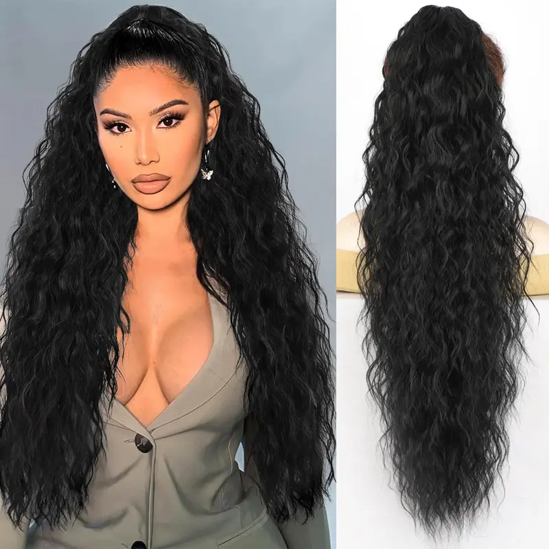 Synthetic Claw Long Wavy Ponytail Extension Black Brown 18-30" Curly Pony Tail Clip in Hair Extensions Fluffy Natural Looking - Image 16