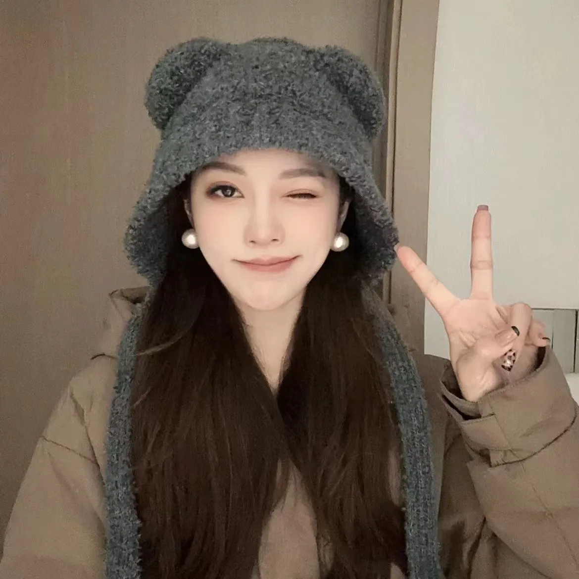 Korean Version INS Cute Bear Ears Warm Bomber Beanie Hat Lady Autumn and Winter Cute Windproof Face Small Earmuffs Knitted Cap