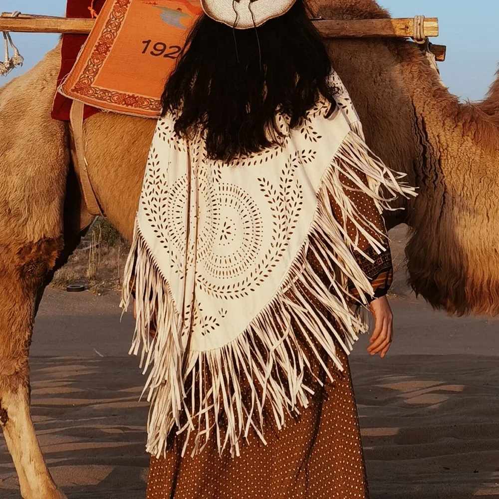 2024 Fashion Summer Long Women's Cape Shawl Open Poncho Elegant Suede Tassel Retro Simple Multicolor Dropshipping