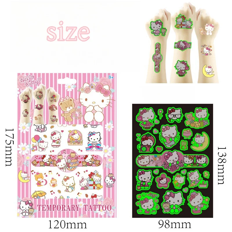 Hello Kitty 헬로 키티 방수 야광 문신 스티커, 여아용 DIY 일기 문구 스티커, 어린이 장난감 선물, 파티 호의