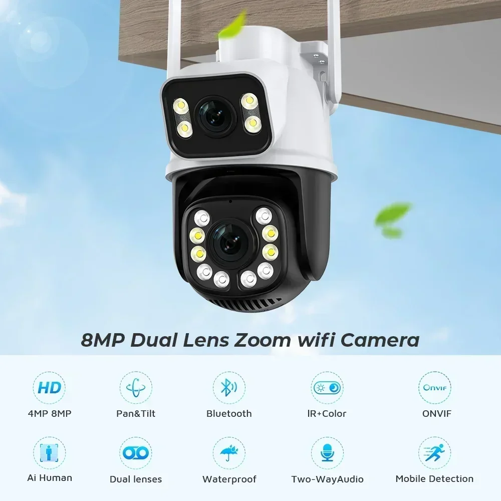 8MP 4K PTZ WiFi IP Camera Security Protection Dual Lens Screen Color Night  Vision Auto Track CCTV Surveillance Camera ICSEE APP