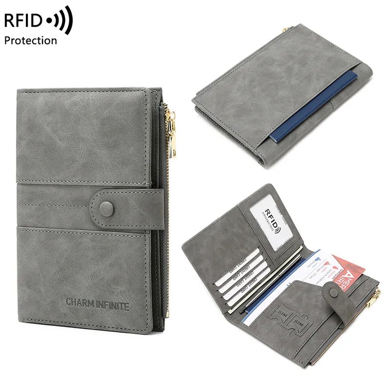 

RFID Anti-theft Passport Wallets Mulitfunctional ID Folder Package Unisex Travel Card Bag Zipper Buckle Ticket Purse Coin Holder