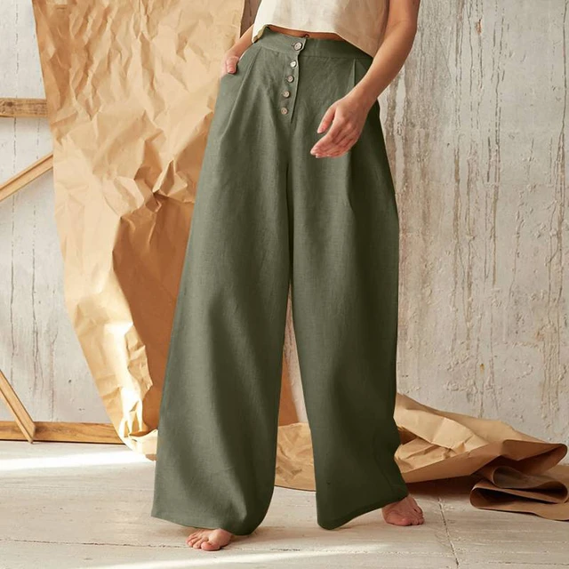 2023 New Women Fashion Linen Cotton Solid Button Tall Waist Trousers Female  Plus Size Summer Casual Wide-Legged Pants - AliExpress