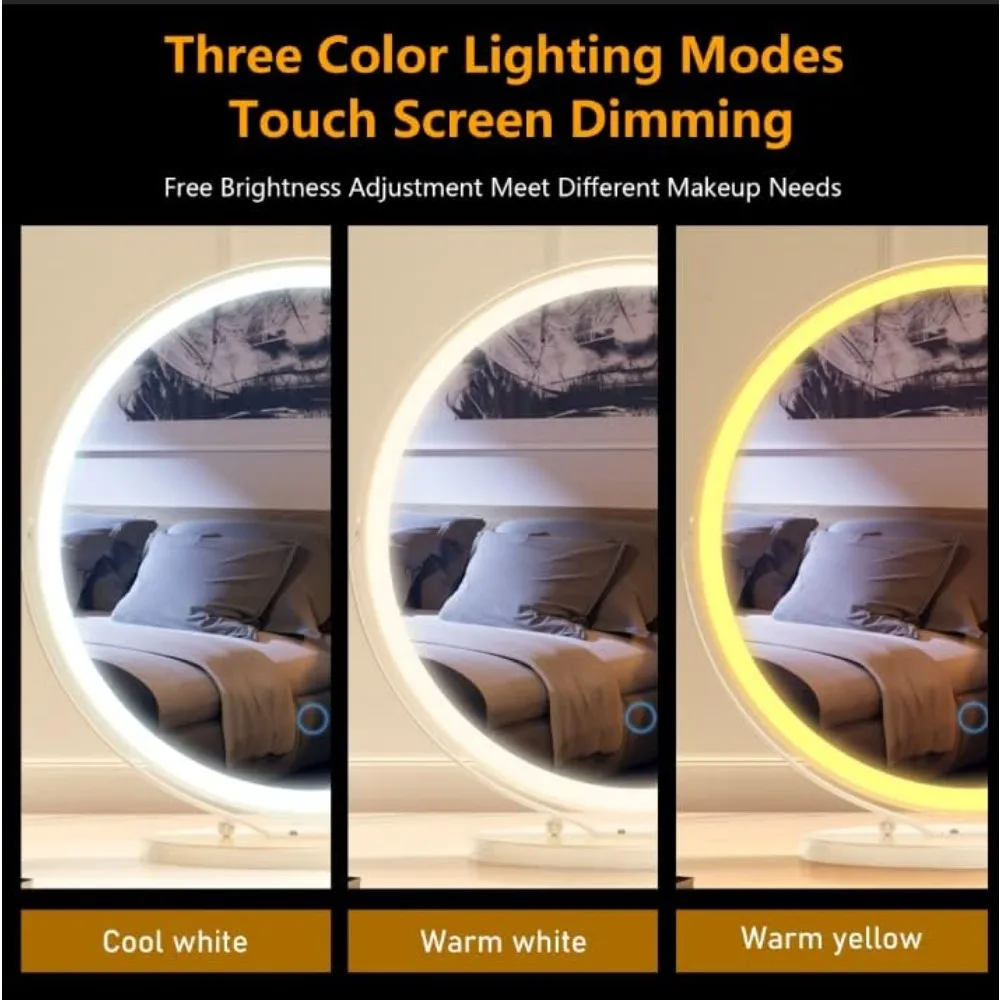 20-inch Vanity Mirror with Lights, Round LED Makeup Mirror, High-Definition Lighted Up Mirror, 3 Color Dimmable, 360&deg; Rotation