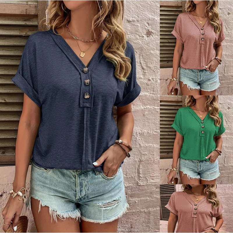 

Women's Women's 2024 Spring/Summer New Top Solid Color Twist Button Fashion Short Sleeve Women