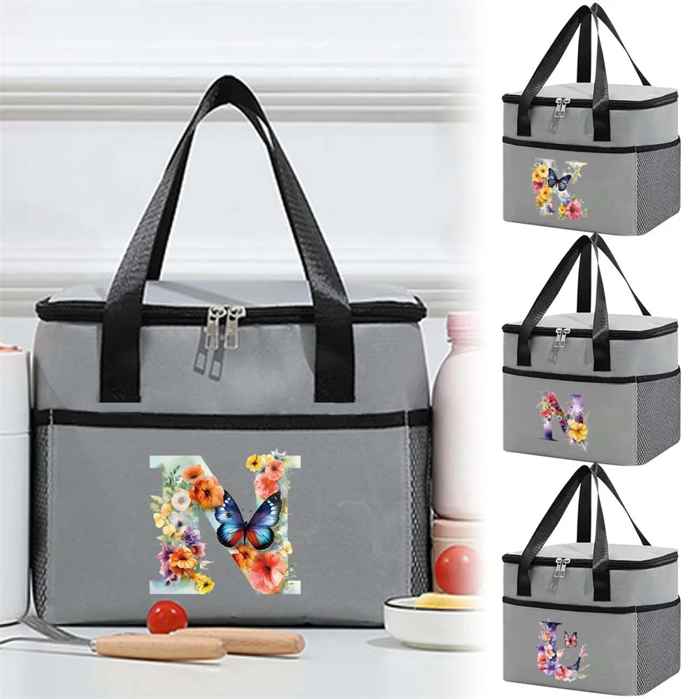 

Lunch Bag Portable Thermal Bag Durable Waterproof Cooler Lunch Handbag Butterfly Letter Print Series Food Storage Insulated Case