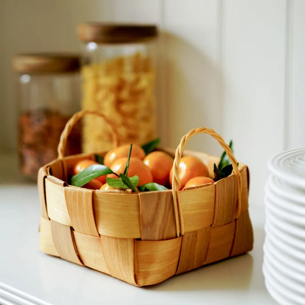 Desktop Storage Basket Fruit Vegetable Basket Bread Basket Hand Woven Bamboo Picnic Basket With Handle Sundries Organizer Decor 3