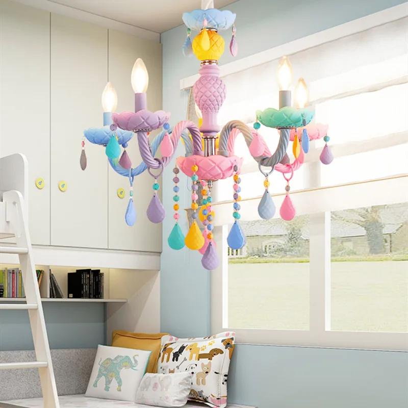 

Candle Rainbow Lustres Modern Macaron Color Crystal Chandelier American girl princess Children room Luminaire Droplight fixture