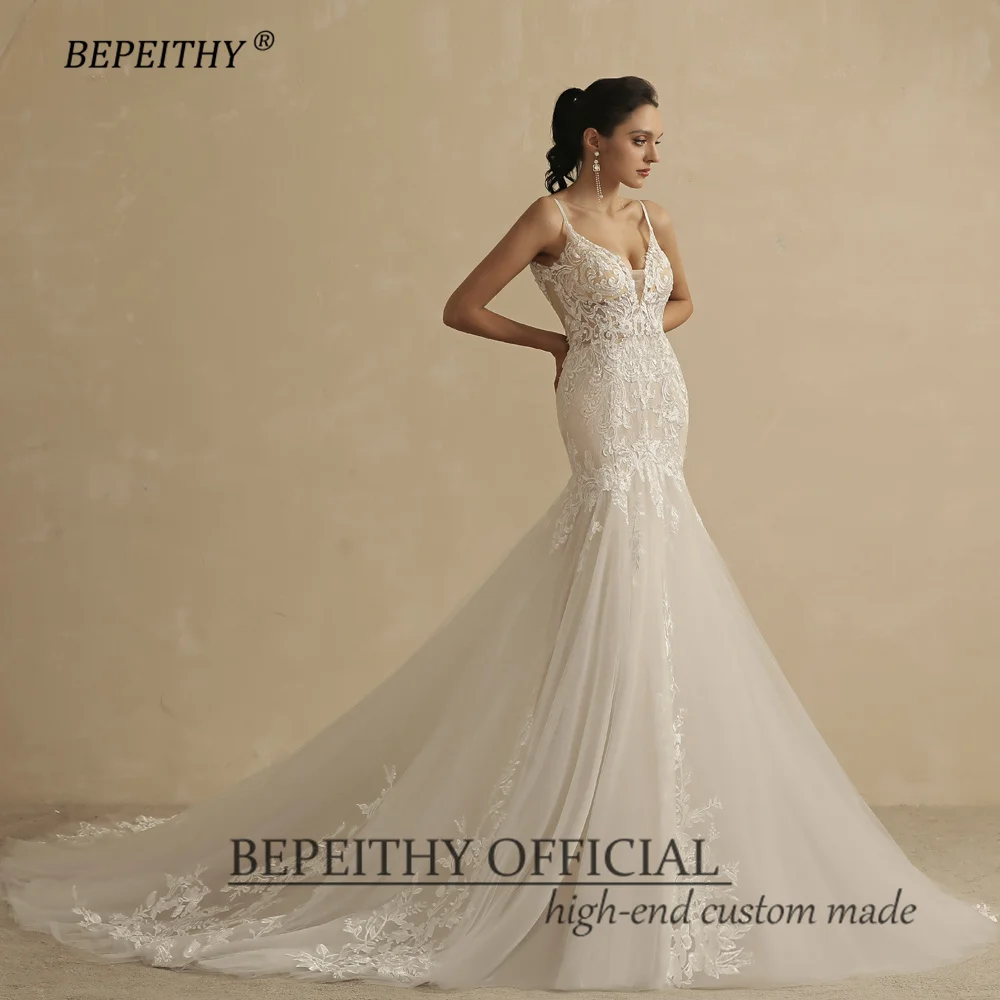 BEPEITHY Sexy Backless Trumpet Lace Wedding Dresses For Women 2022 Bride V Neck Sleeveless Ivory Summer Mermaid Bridal Gown