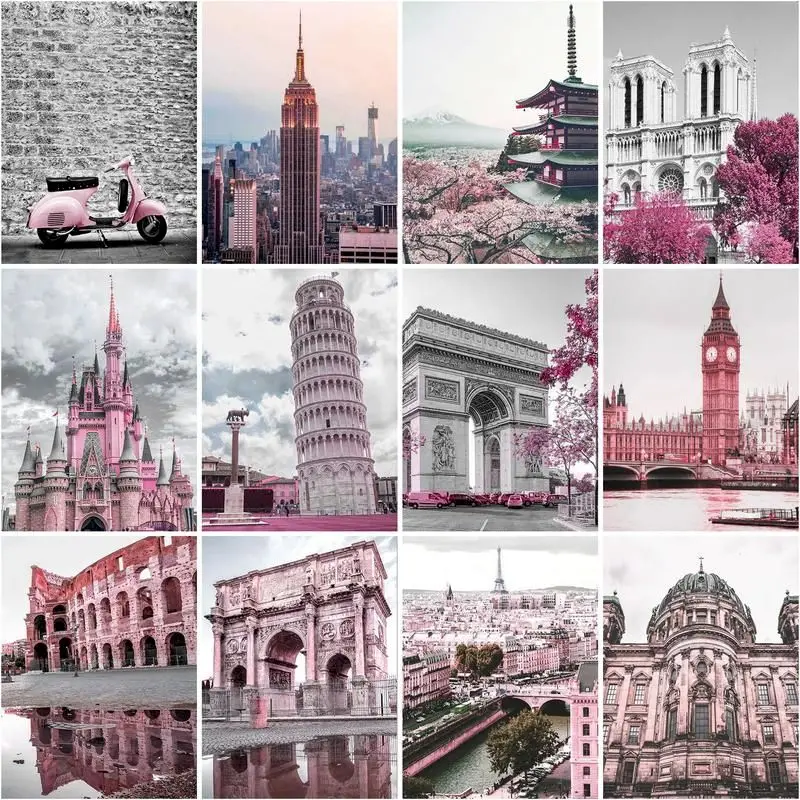 

CHENISTORY Picture By Number Pink City Landscape Kits Diy Gift Painting By Number On Canvas Car Handpainted Home Decoration Gift