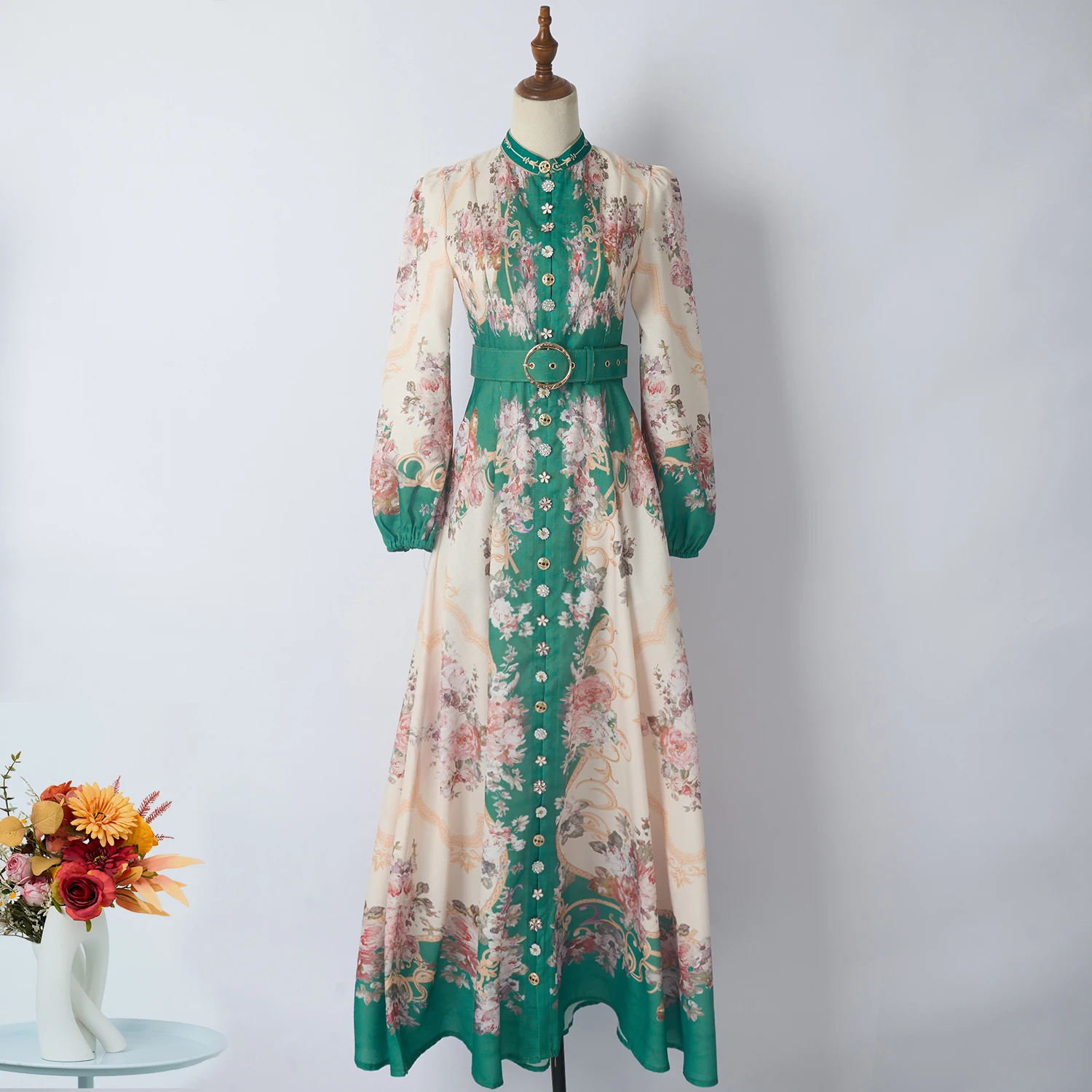 

Женское пляжное платье, офисное однобортное платье с цветочным принтом и воротником-стойкой, зеленые, синие, коричневые платья