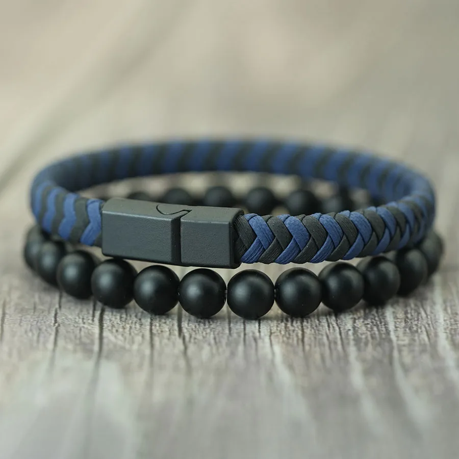 Onyx Stone Leather Men Bracelet Handmade