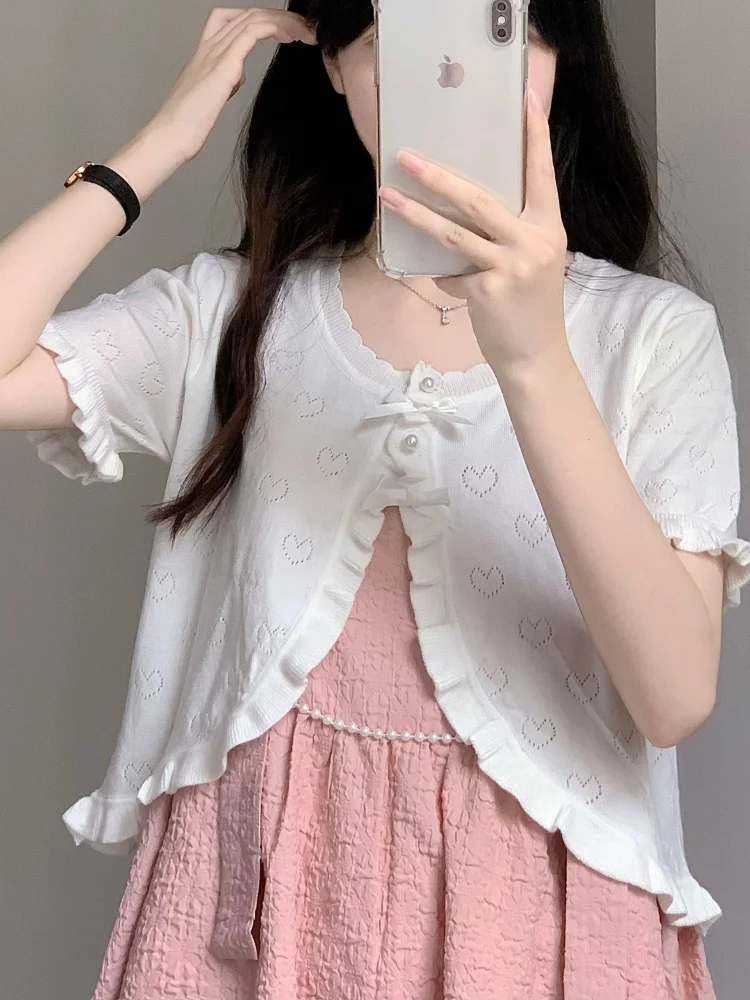 Cute Knitted Cardigan Women Pearl Button Bow Decoration Heart Hollow Out Short Sweater for Sweet Girl Kawaii Clothes
