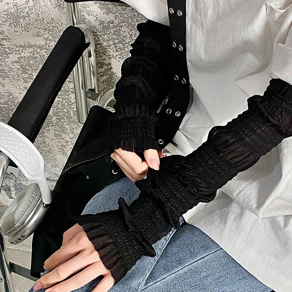 Ice Silk Cooling Arm Sleeves Elegant Lace Ruffle Sun Sleeves Transparent Thin UV Arm Sleeves Driving