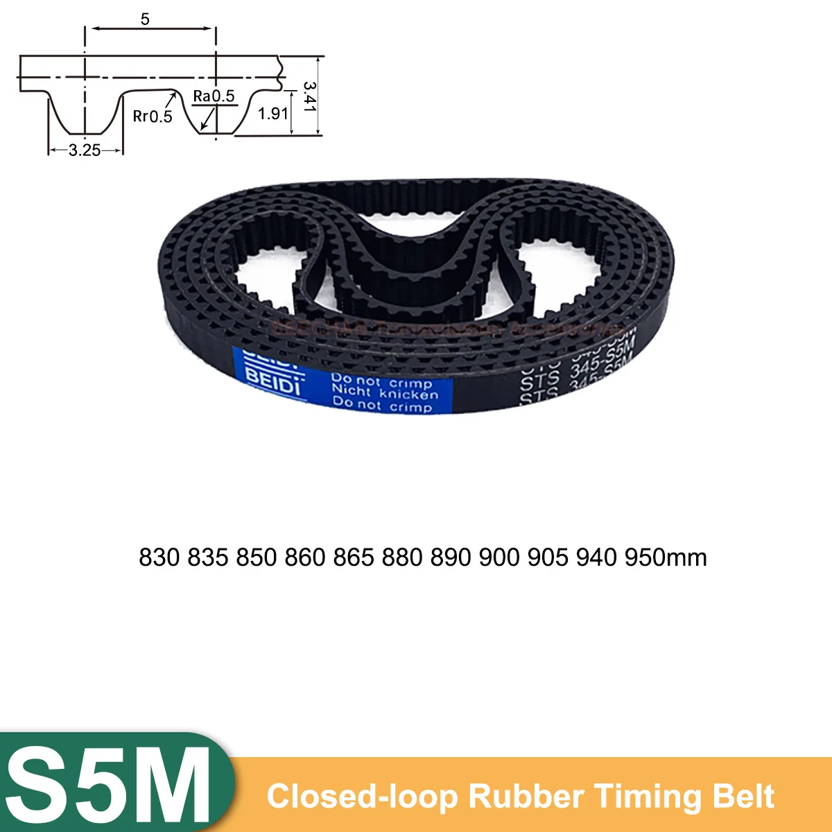 

1Pcs S5M Closed-loop Rubber Timing Belt 830 835 850 860 865 880 890 900 905 940 950mm Width 10/15/20/25/30mm Teeth Pitch 5mm