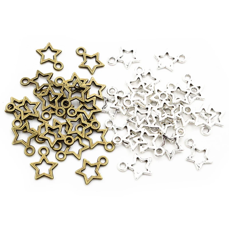 100 Stück 12x9mm kleine Stern-Anhänger Bronze antike Silber Farbe Zink-Legierung DIY Schmuck Herstellung Funde für Armband Halskette
