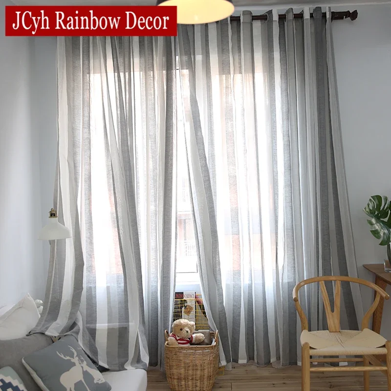 Stripe Sheer Tulle Curtains For Living Room Bedroom Voile Curtains For Window Gray Linen Fabric Modern Drapes