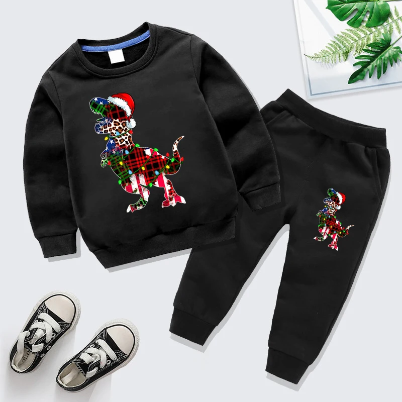 Winter Children's Clothing Sets Christmas Grid Dinosaur Pullover+Pants 2pc Set Cartoon Xmas Party Boys Girls Outfit Tracksuits
