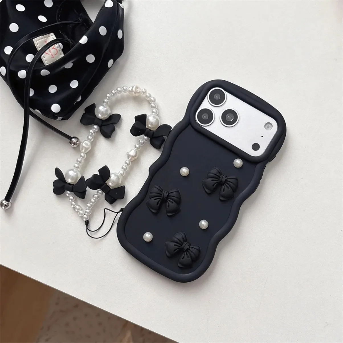 3D Cute Kawaii Bowknot Wavy Edge Phone Case with Pearl Chain Wrist Strap