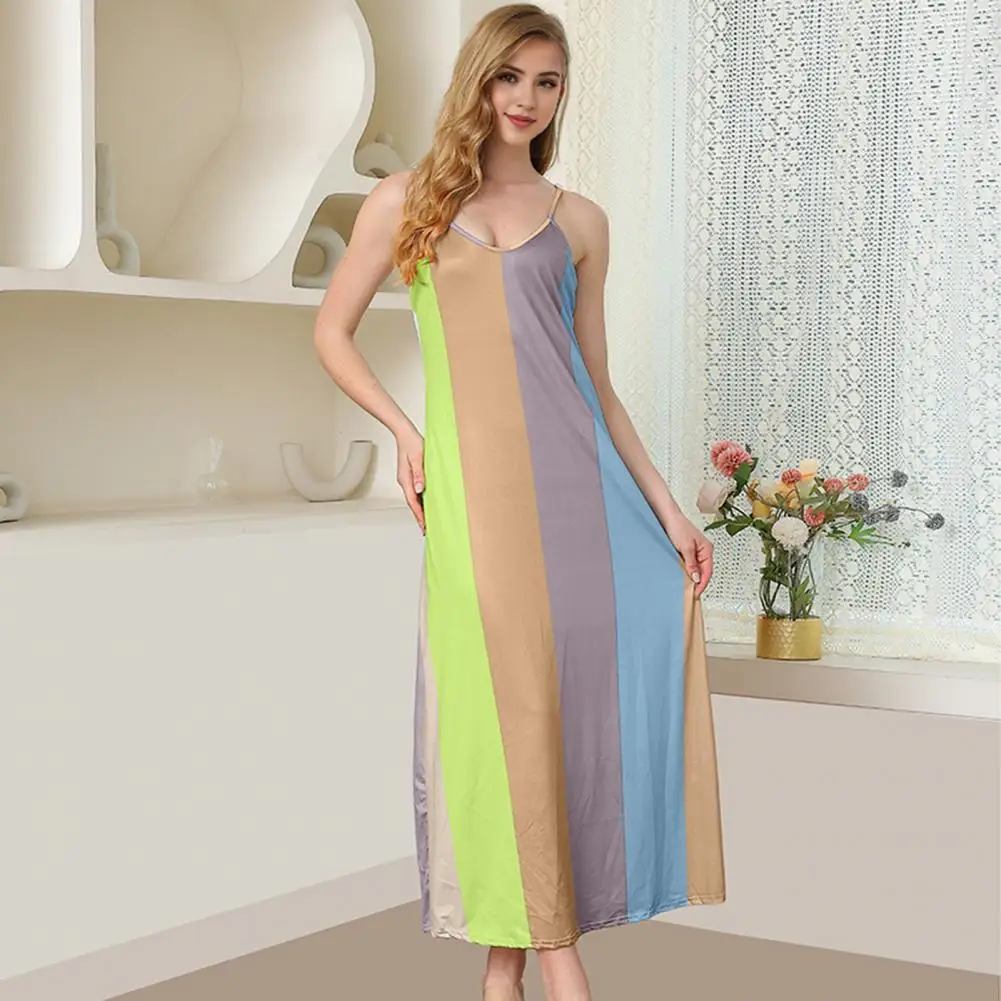 

A-line Summer Women Slip Dress V Neck Colorblock Patchwork Strappy Dress Backless Sleeveless Slim Fit Beach Homewear Maxi Dress