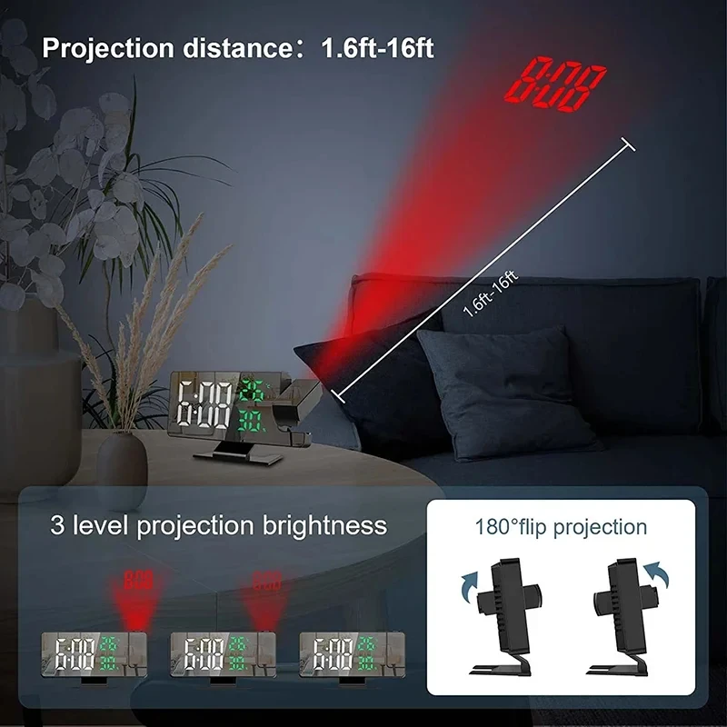 LED Digital Alarm Clock Projection Clock Projector Ceiling with Time Temperature Display Backlight Snooze for Home digital alarm clock