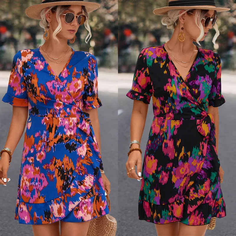 

2023 Spring and Summer New Women's Temperament Short Dress, V-neck Printed Ruffle Trim Dress