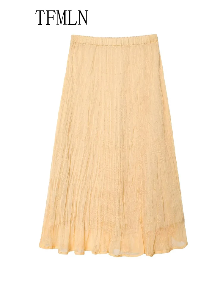 TFMLN 2025 Summer Women Solid Folds Mid-Calf Skirts Fashion Chic Causal Loose A-line Elastic Waist Skirts Elegant Street Skirts