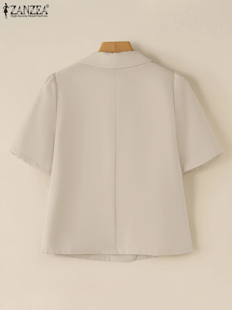 ZANZEA Summer Women Blazer Stylish Lapel Neck Jackets Solid OL Work Blouse Thin Tops Fashion Short Sleeve Buttons Up Shirt Femme