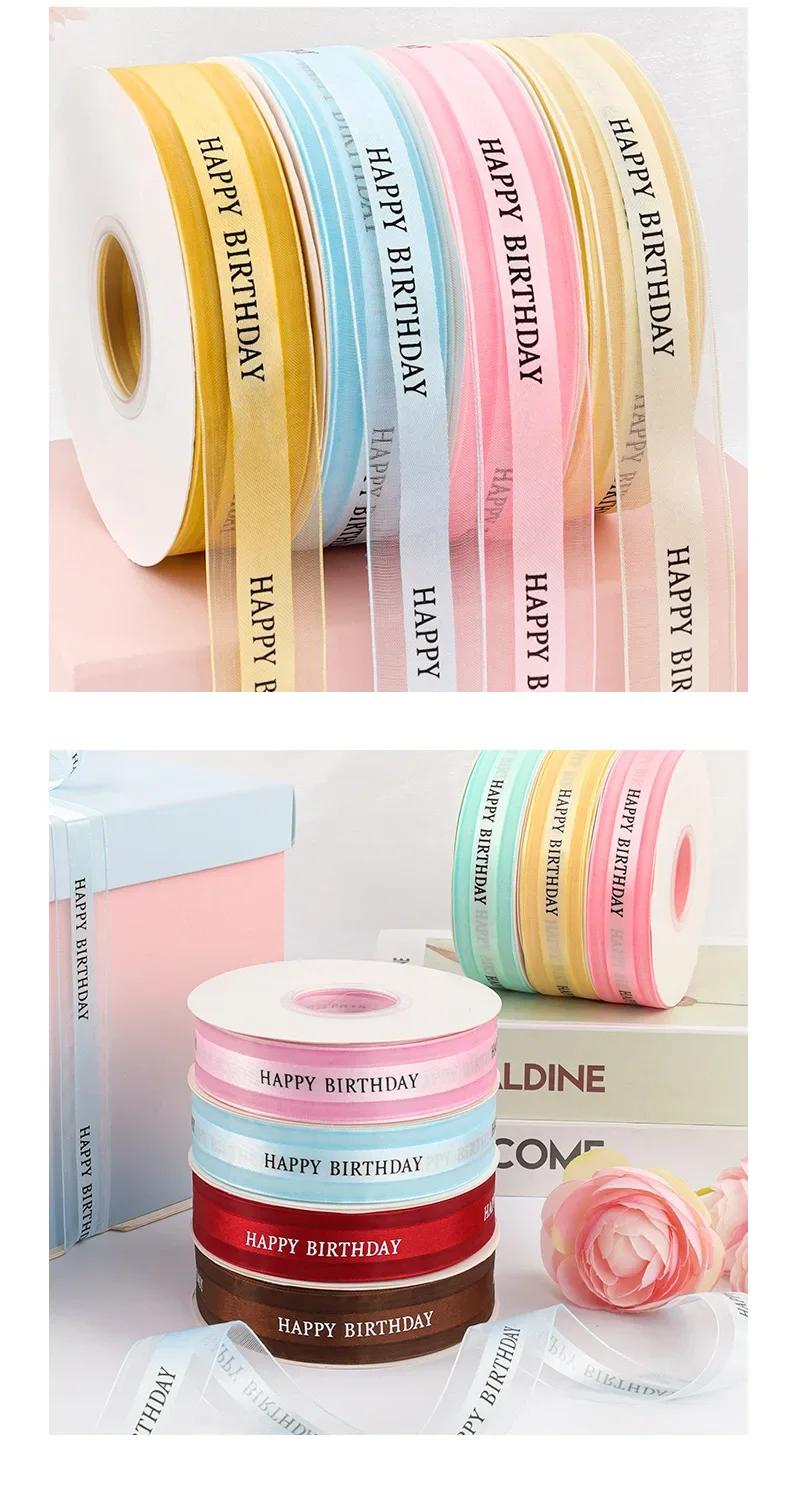Organza Ribbon 2.5cm 50yards Happy Birthday Sheer Cake Box Packaging Flowers Decorative Bow DIY