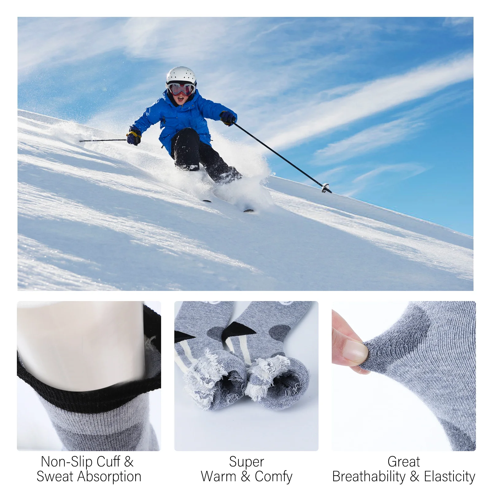 Findway Kids Ski Socks, Merino Wool 1 Pairs Snow Socks Winter Warm Snowboarding Socks for Toddler Boys and Girls Age 3-14