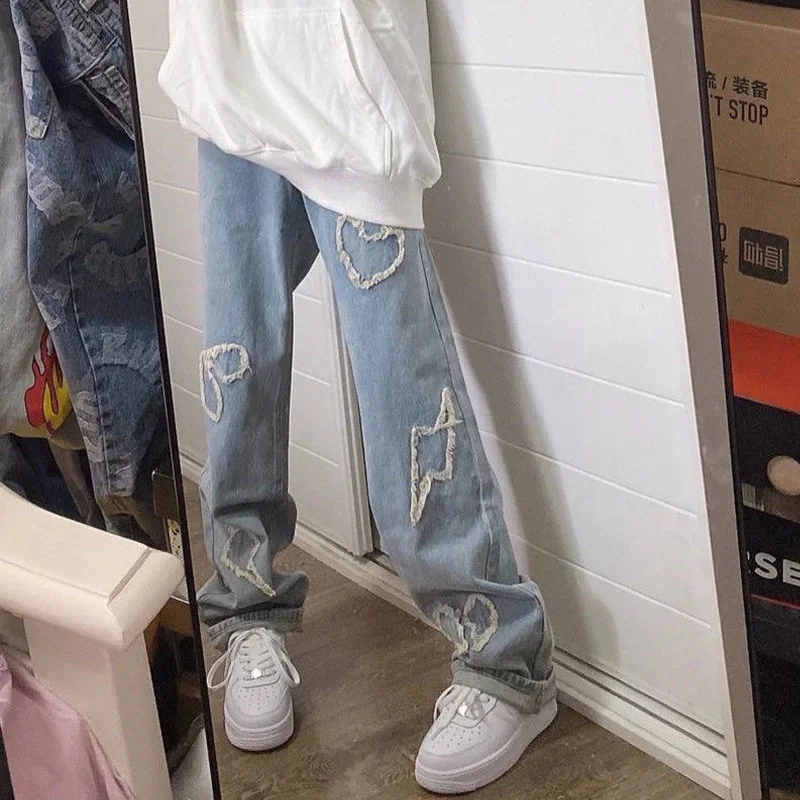 Женские винтажные джинсы с вышивкой сердца, широкие брюки с высокой талией, уличная одежда, джинсовые брюки, модные повседневные синие брюки в Корейском стиле