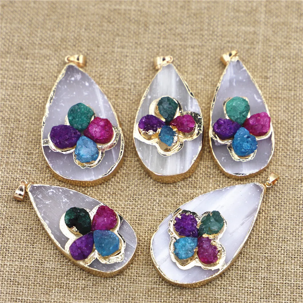 Natural Stone Rectangle Plaster Gypsum Ore Colorful Agate Pendants Making Plated Drop Gold Necklace Women Jewelry Wholesale 5PCS