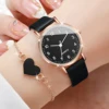 4PCS/Set Fashion Small Arabic Dial Women's Quartz Watch Leather Band Wrist Watches Heart Bracelets Set（Without Box） 3