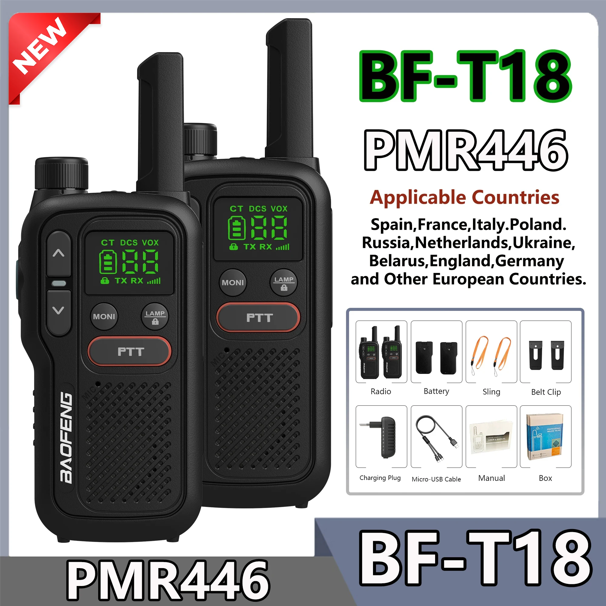 2개입 바오펑 BF-T18 미니 듀얼 PTT PMR 무전기 휴대용 PMR 446Mhz 양방향 무전기 LED 손전등 (EU 국가 선물용, 캠핑용)