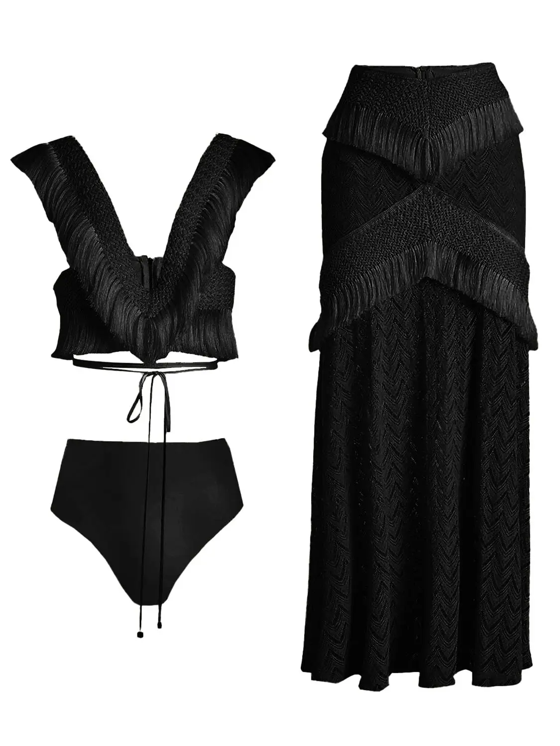 2025 New Women Two Piece Set Skirt Suit V Neck Top Skirt Sleeveless Sweet Waist Chic Slit Skirt Beach Dance Robe 3