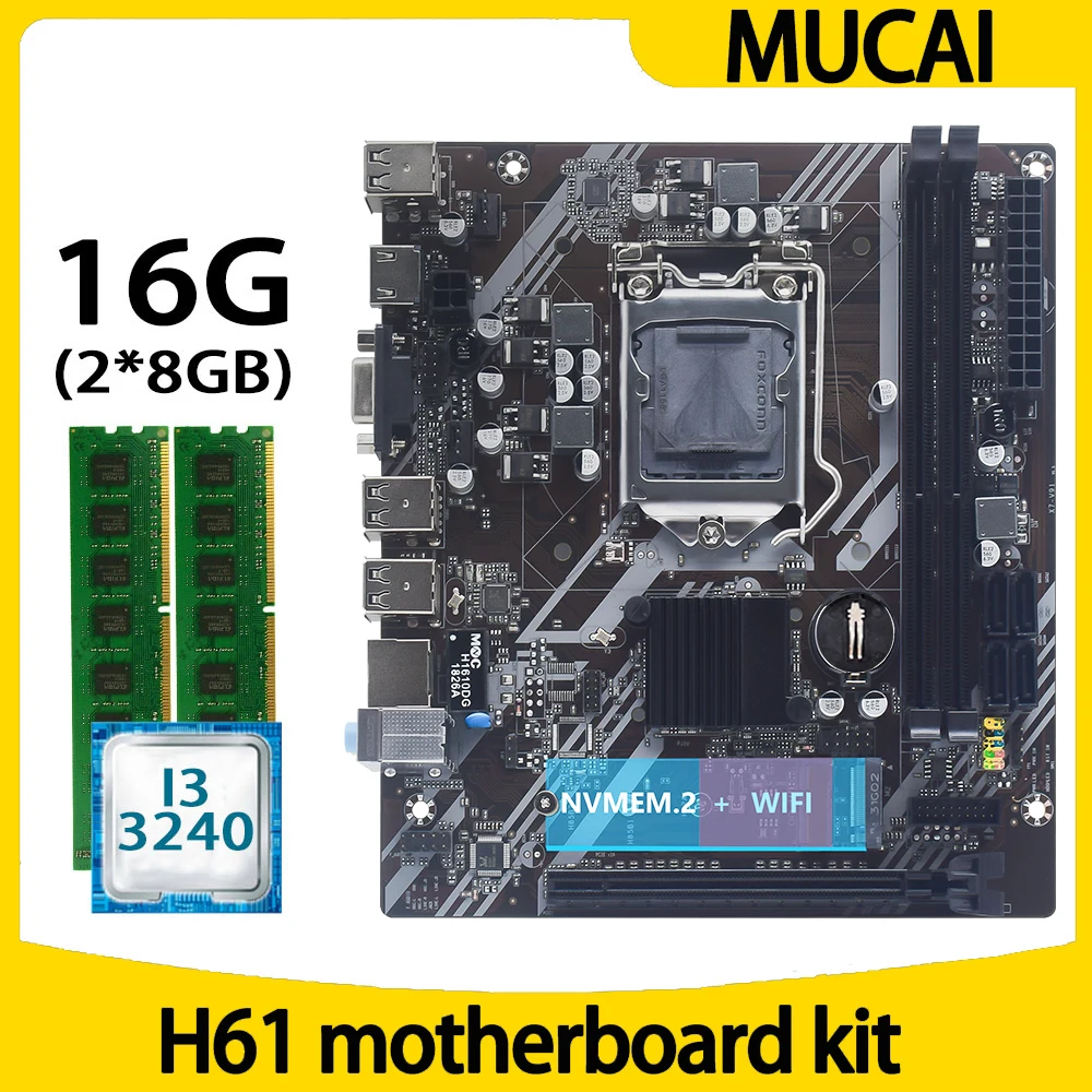 

Материнская плата MUCAI H61 LGA 1155 комплект с процессором Intel Core i3 3240 и памятью DDR3 16 Гб (2*8 ГБ) 1600 МГц