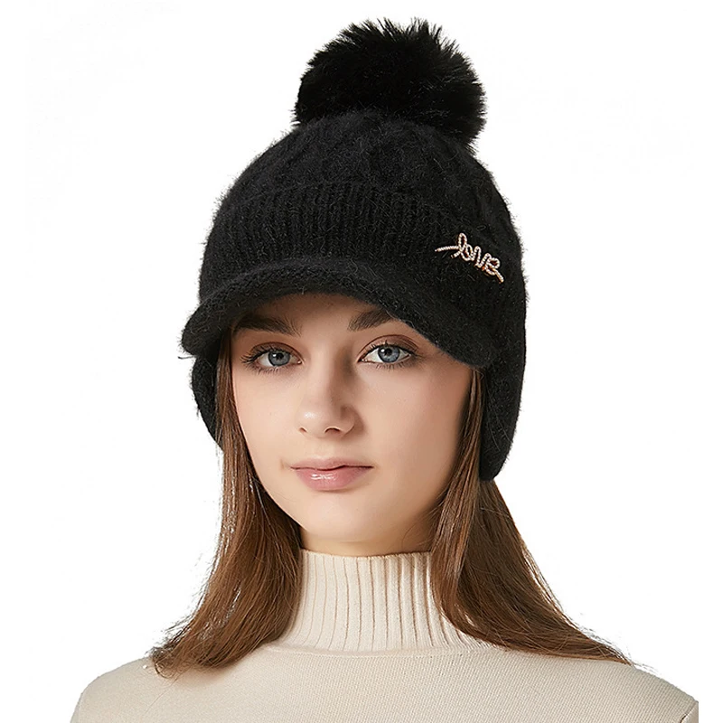 Tykke kanin høreværn Baseball kvinders vinter udendørs kuldesikret varmt hår Bolde strikket kasket Skullies Beanies_voghion.com