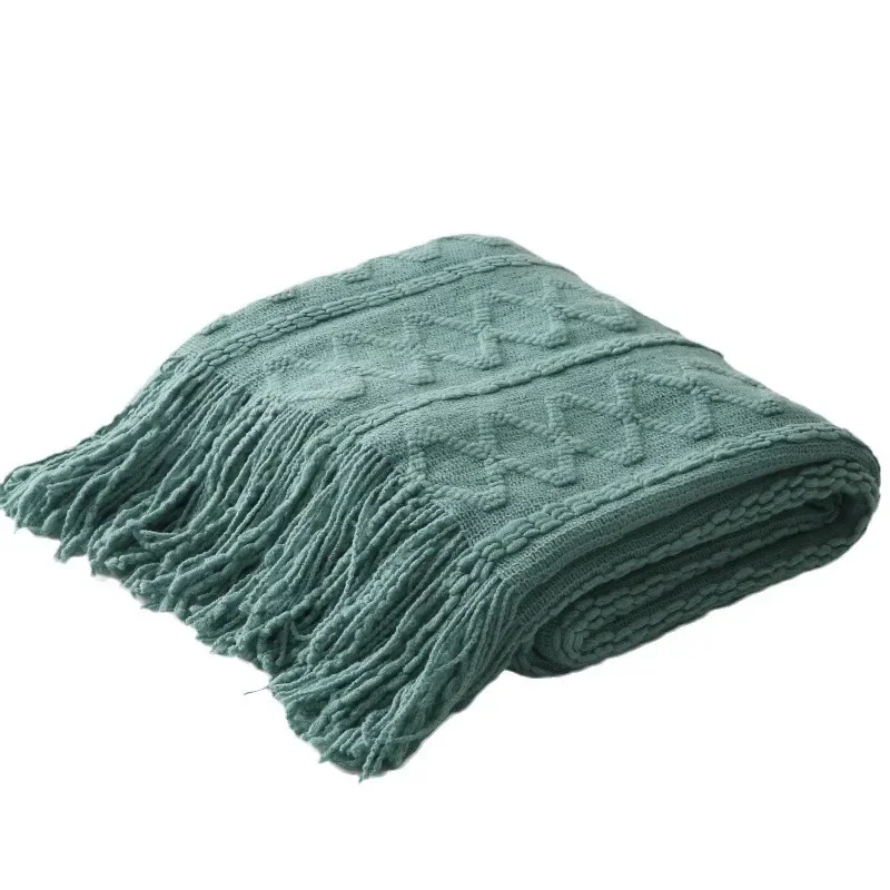 Khaki Knitted Blanket Vintage Green Woven Towel Sofa Blanket Tassel Casual Large Soft Cozy Throw Bedspread Couch Cover Farmhouse 6